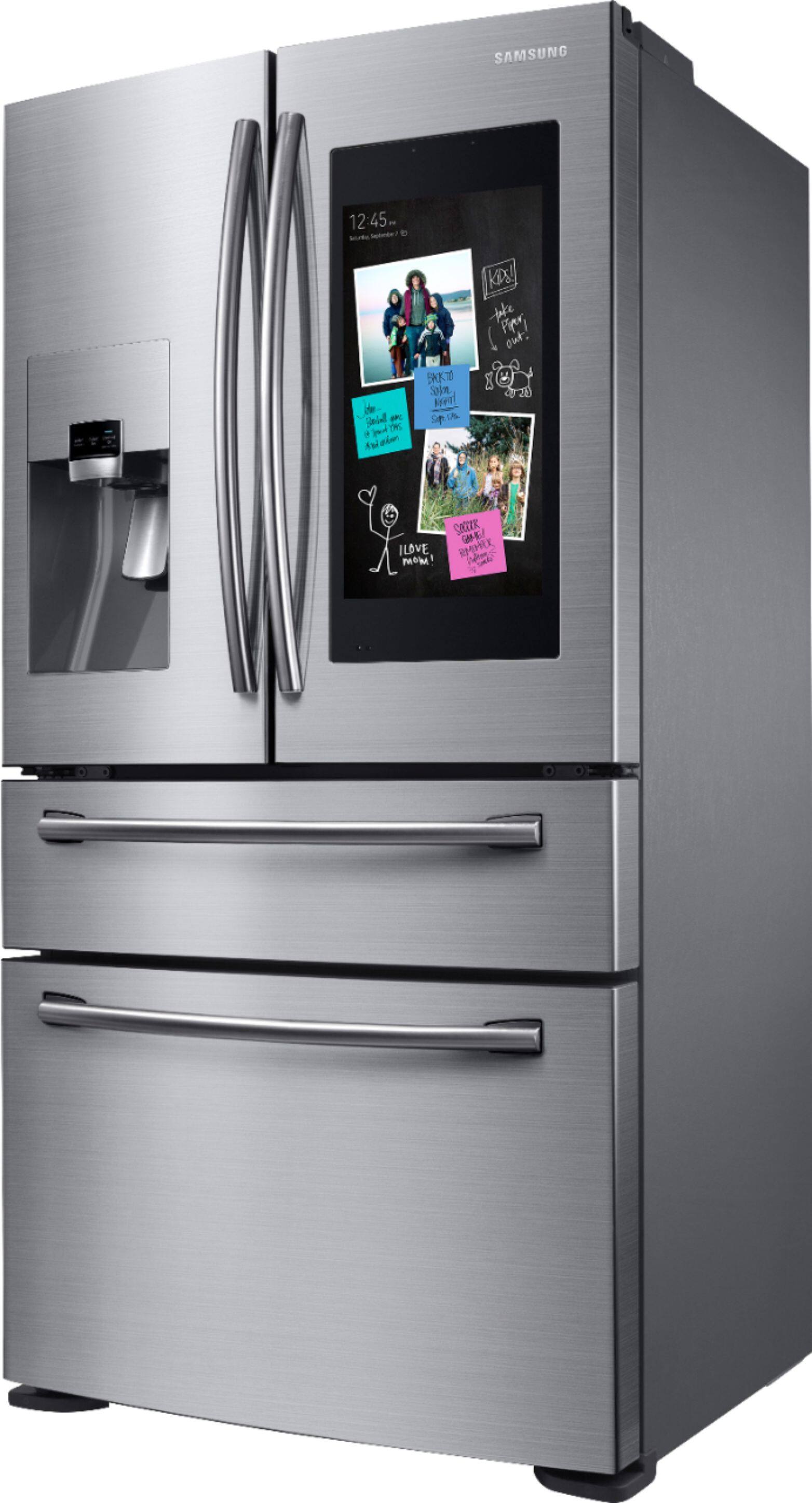 Left. Samsung - Family Hub 22.2 Cu. Ft. 4-Door French Door Counter-Depth Refrigerator - Stainless steel.