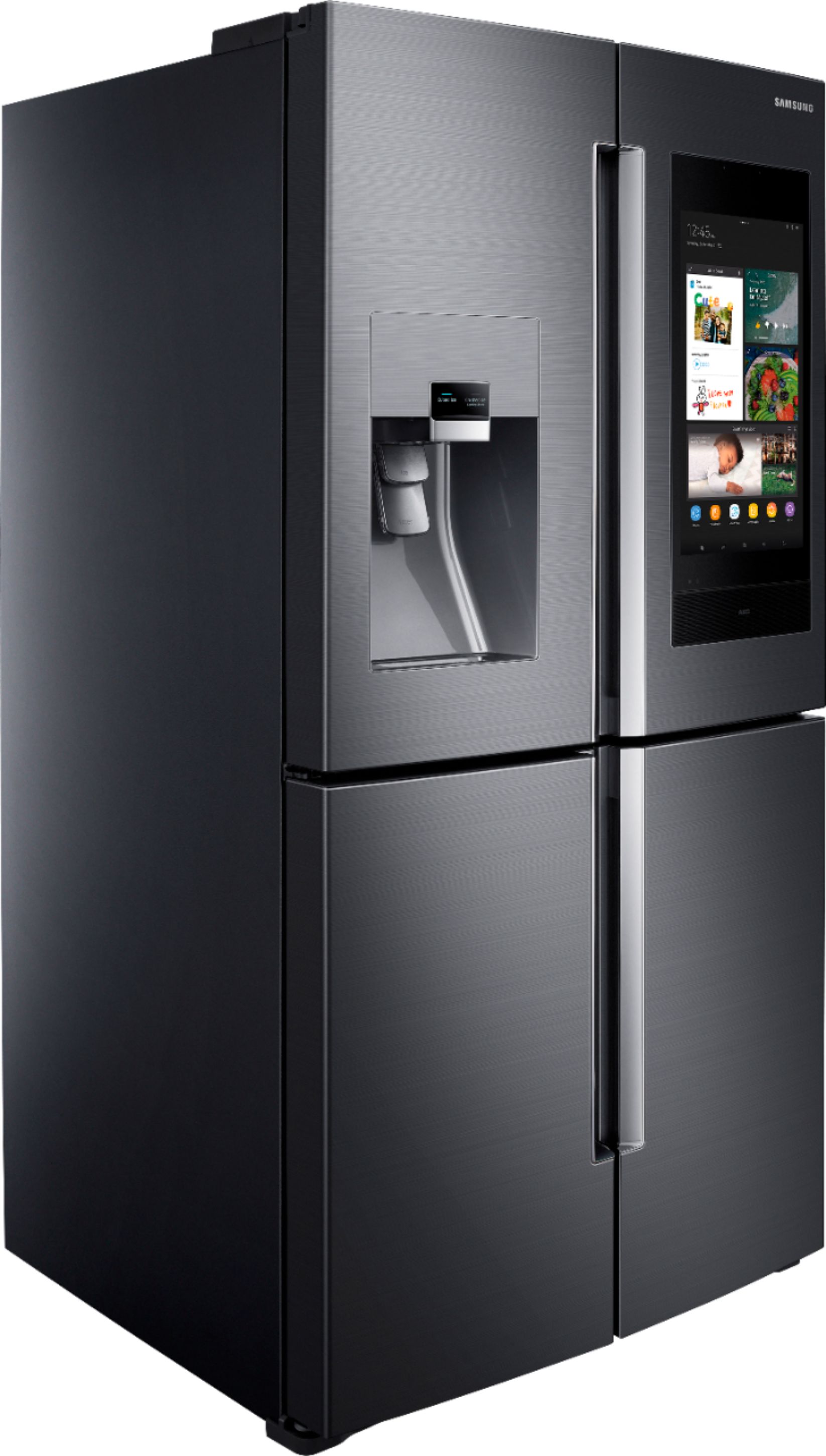 Angle View: Samsung - Family Hub 28 Cu. Ft. 4-Door Flex French Door  Fingerprint Resistant Refrigerator - Black stainless steel