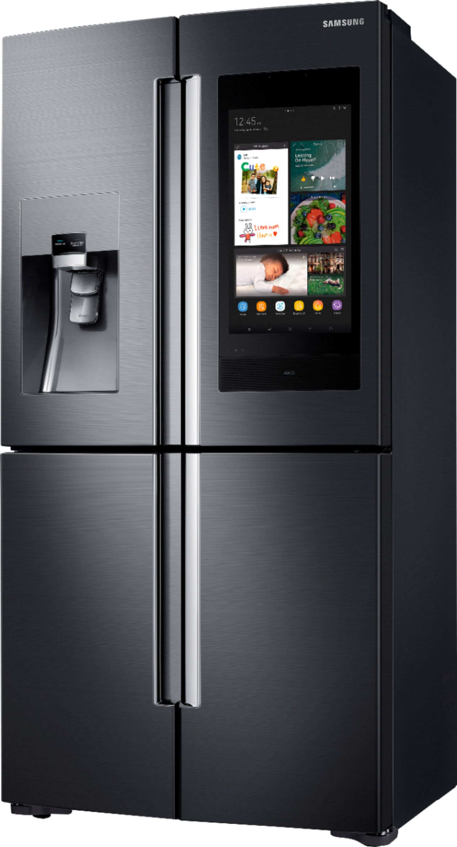 Left View: Samsung - Family Hub 28 Cu. Ft. 4-Door Flex French Door  Fingerprint Resistant Refrigerator - Black stainless steel