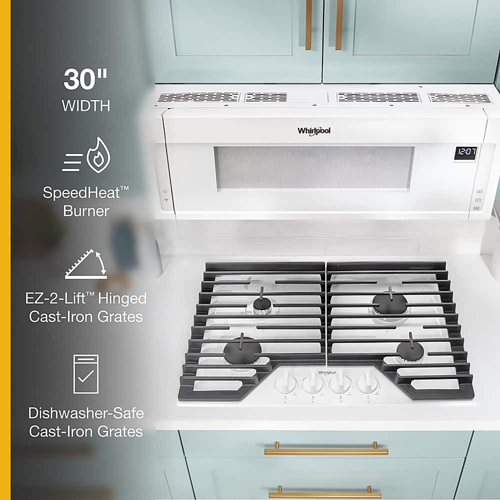 The text on the image is grouped and corrected as follows:
"30" WIDTH Whirlpool 12:0 7 Speed Heat Burner EZ-2-Lift Hinged Cast-Iron Grates Dishwasher-Safe Cast-Iron Grates"
