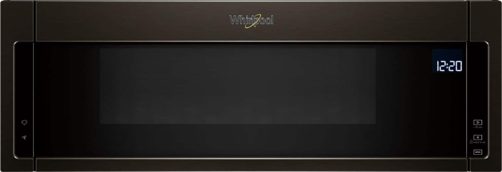 Front. Whirlpool - 1.1 Cu. Ft. Low Profile Over-the-Range Microwave Hood Combination - Black Stainless Steel.