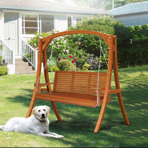 Alt View 7. Winado - 5FT Patio Wooden Porch Swing Chair Bench Only, with Hanging Chains, Cup Holders, Phone Slots for In/Outdoor Garden Yard - Brown.