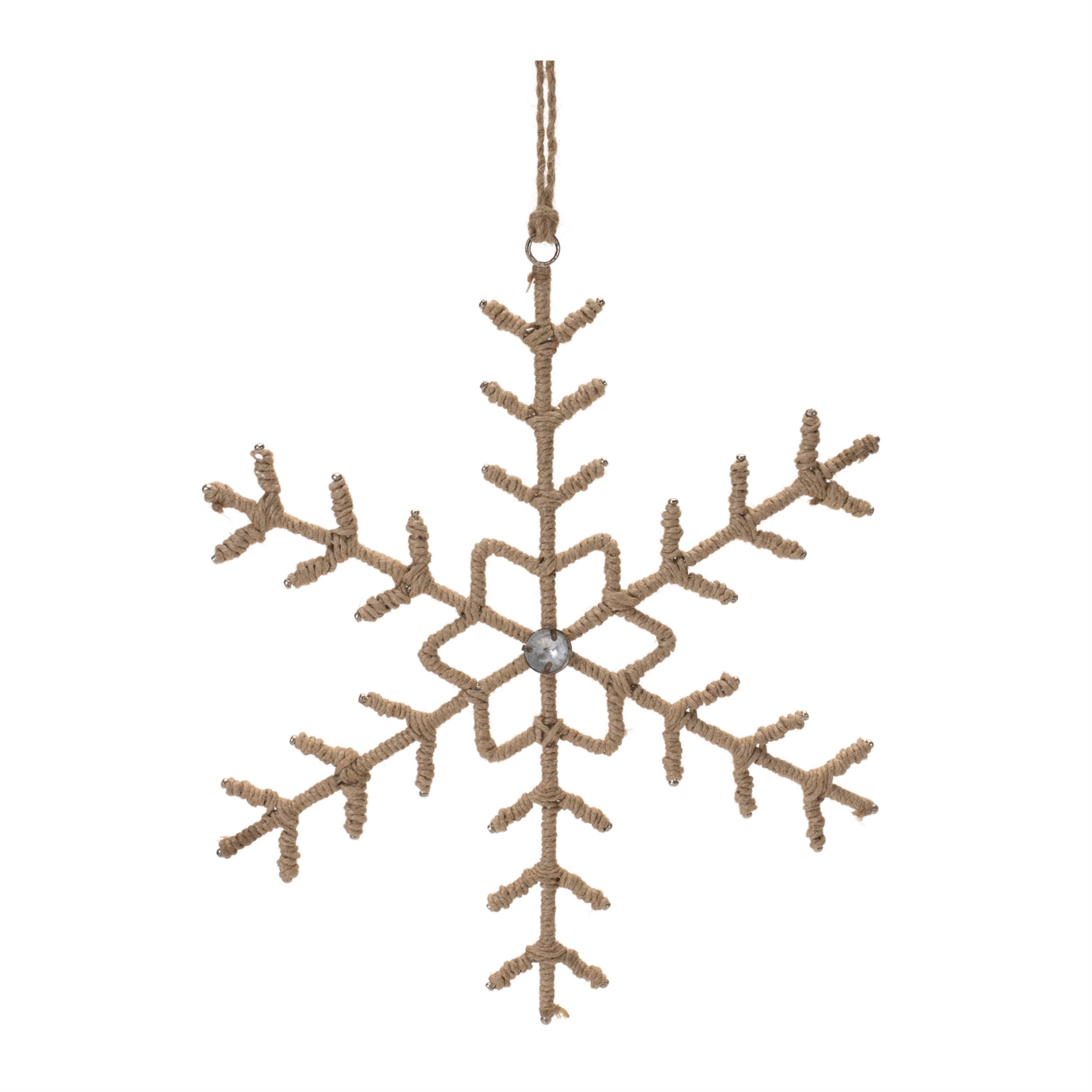 Left. BreeBe - Jute Wrapped Metal Snowflake Oranment (Set of 12) - Beige.