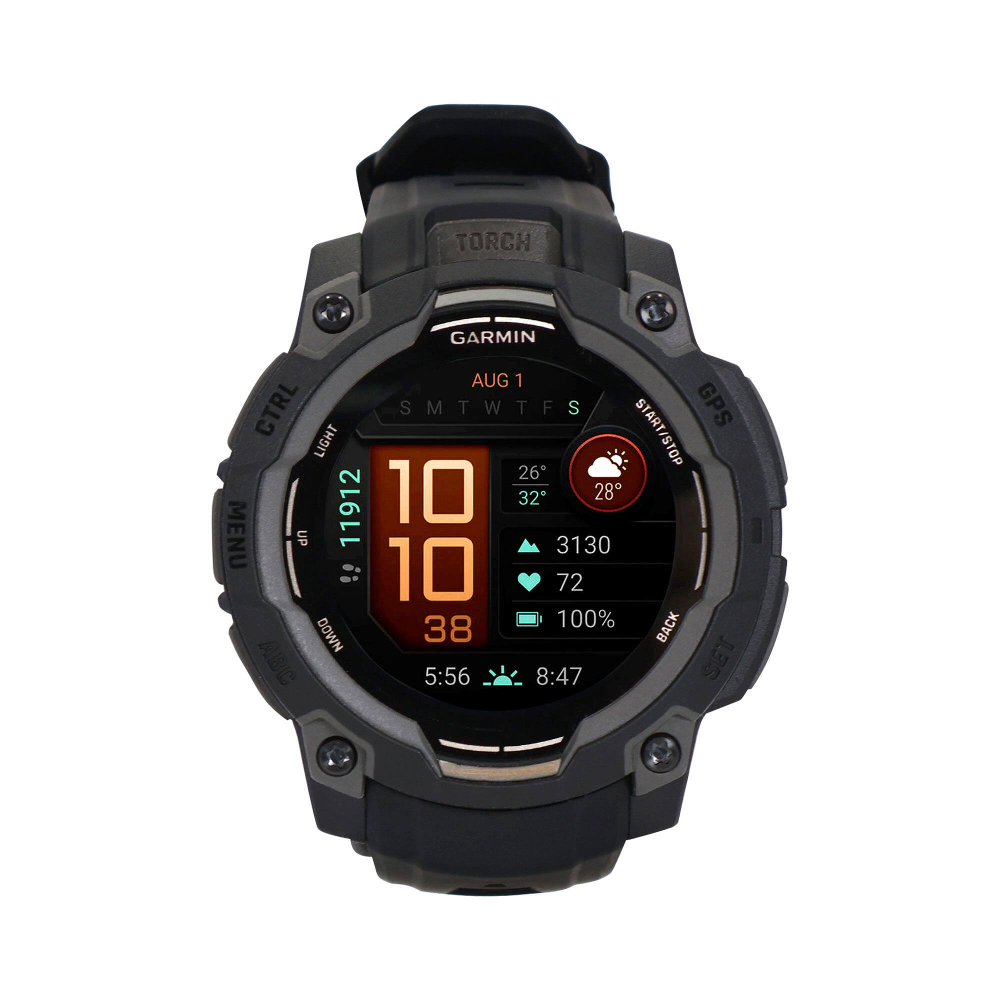 TORCH  
GARMIN  
AUG 1  
CTRL  
SMTWTFS  
GPS  
LIGHT  
START/STOP  
26  
11912  
10  
32  
28  
MENU  
UP  
10  
3130  
72  
100%  
BACK  
DOWN  
38  
ABC  
5:56  
8:47  
SET
