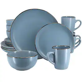 Gibson - Home Rockaway 16 Piece Stoneware Metallic Rim Dinnerware Set - Matte Blue