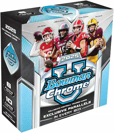 2025 COLLEGIATE FOOTBALL TRADING CARDS
Bowman Chrome
6 PACKS PER BOX
10 CARDS PER PACK
COLLEGIATE FOOTBALL TRADING CARDS
EXCLUSIVE PARALLELS IN EVERY BOX
COLLEGIATE FOOTBALL TRADING CARDS
LaNorris Sellers
John Mateer
Gunner Stockton
Sam Leavitt
SOONERS
CAROLINA
10 CARDS
6 PACKS
COLLEGIATE FOOTBALL TRADING CARDS
TOTAL CARDS: 150
INCLUDES NECESSARY. VISIT TOPPS.COM FOR RULES AND ENTRY