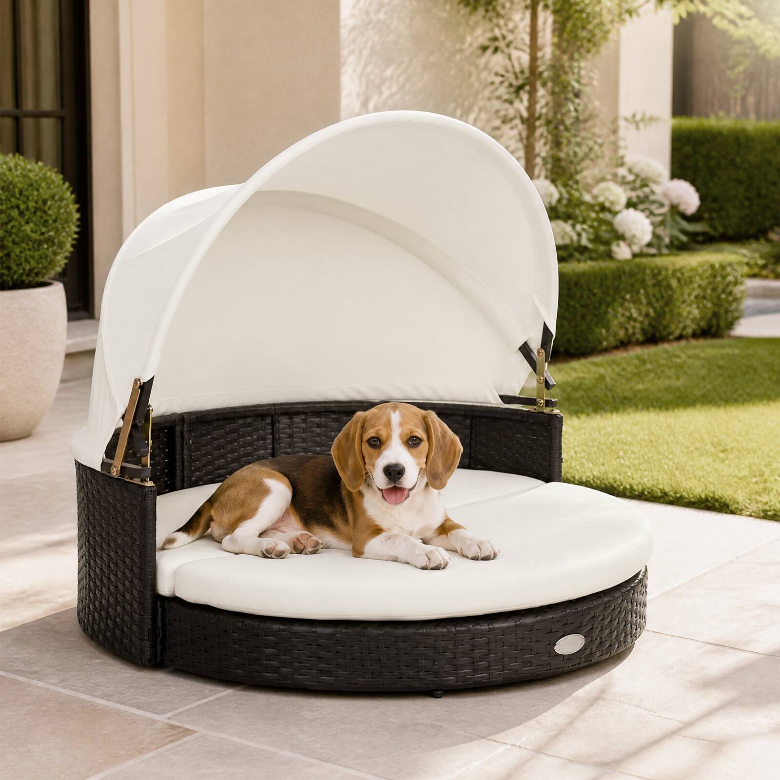 Alt View 3. Costway - Costway Wicker Dog House Outdoor Indoor with Retractable Canopy, Removable Cushion - Mixed Brown + Beige.