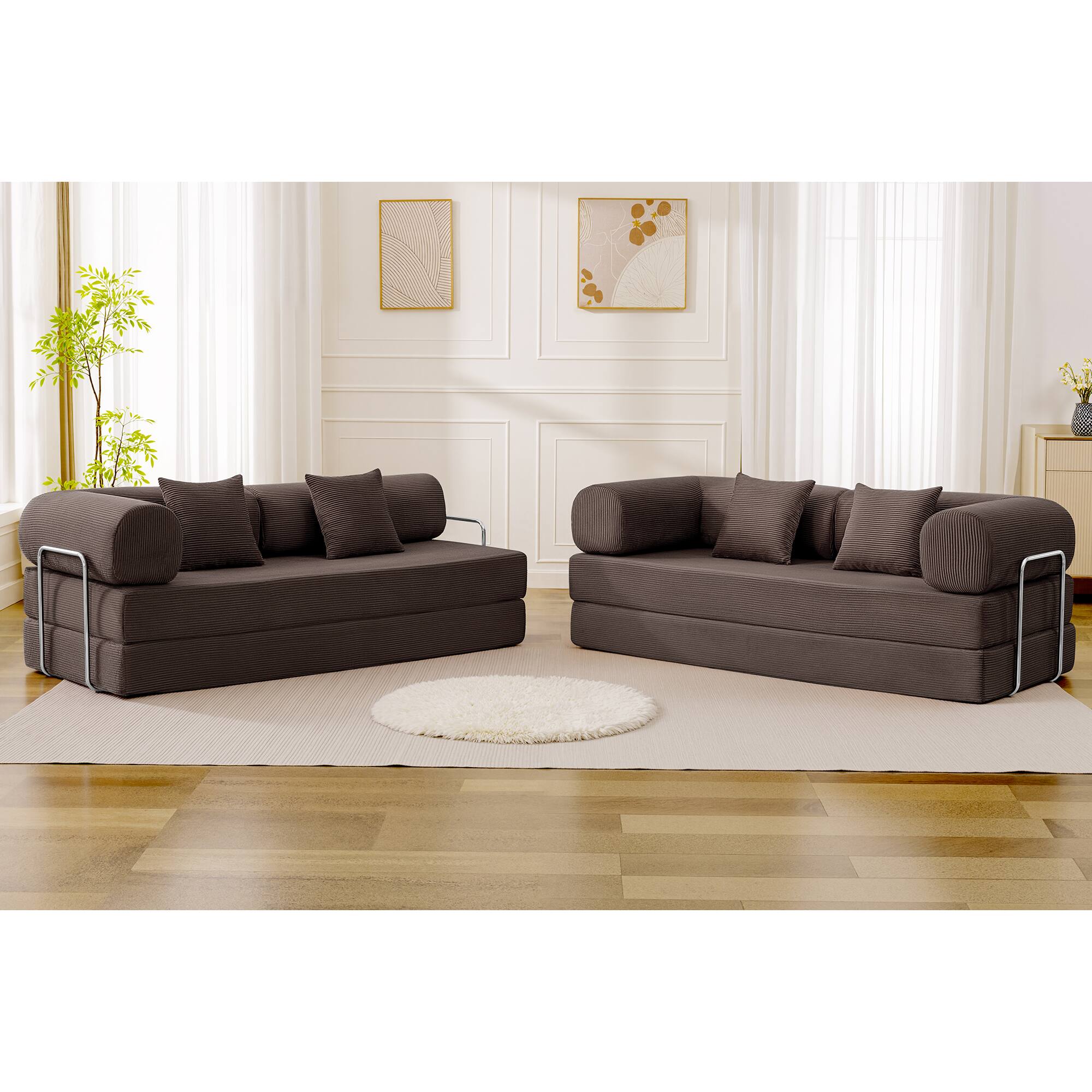 Left. KERDOM - Upholstered L Shaped Modular Sofa Bed with Chaise, Corduroy Folding Floor Convertible Sofa Couch Bed for Living Room - Coffee.