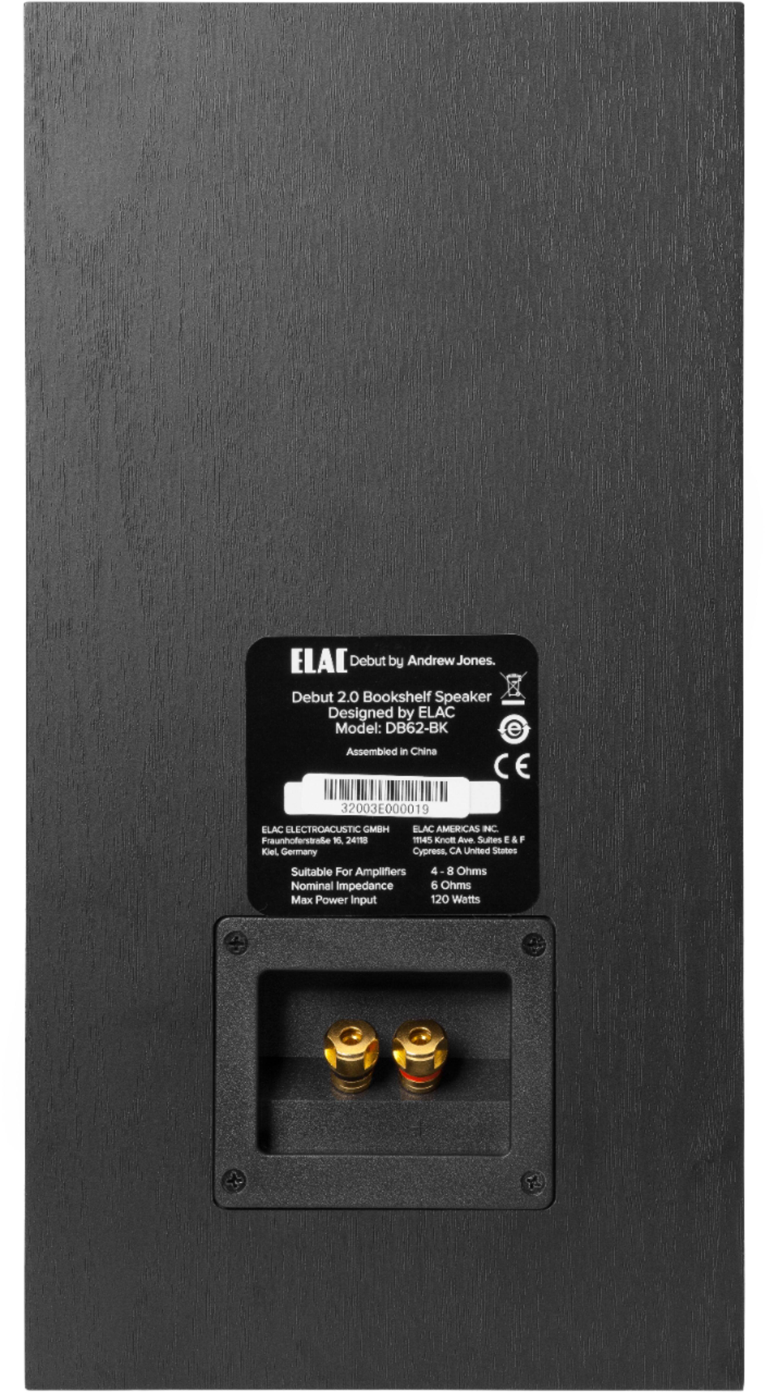 Back. ELAC - Debut 2.0 6.5" 2-Way Bookshelf Speakers (Pair) - Black Ash.