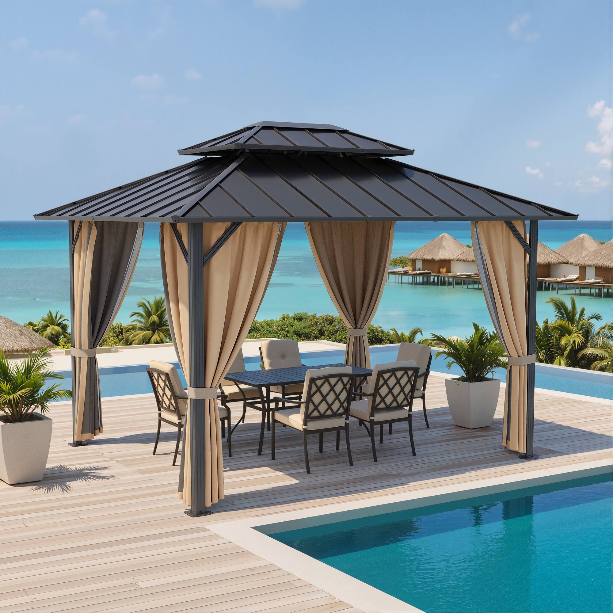 Angle. Ovios - 10’x12' Patio Gazebo with Double Roof Outdoor Aluminum-steel Gazebo with Curtains & Netting - Yellow.