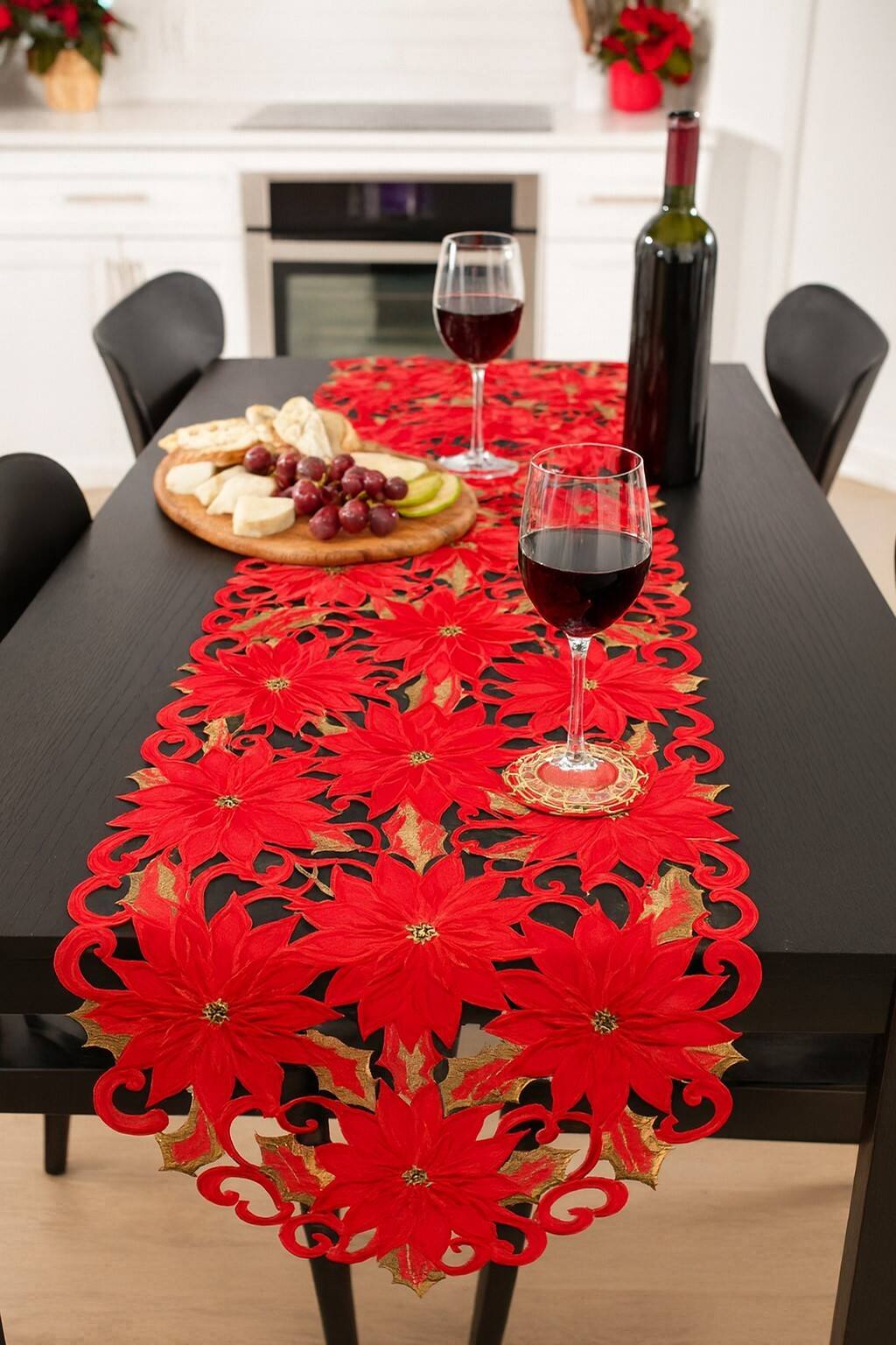 Left. Jiallo - Poinsettia and Green Leaf Embroidered Cutwork Rectangular Table Runner, 13 by 27 inch Table Linen - Red.