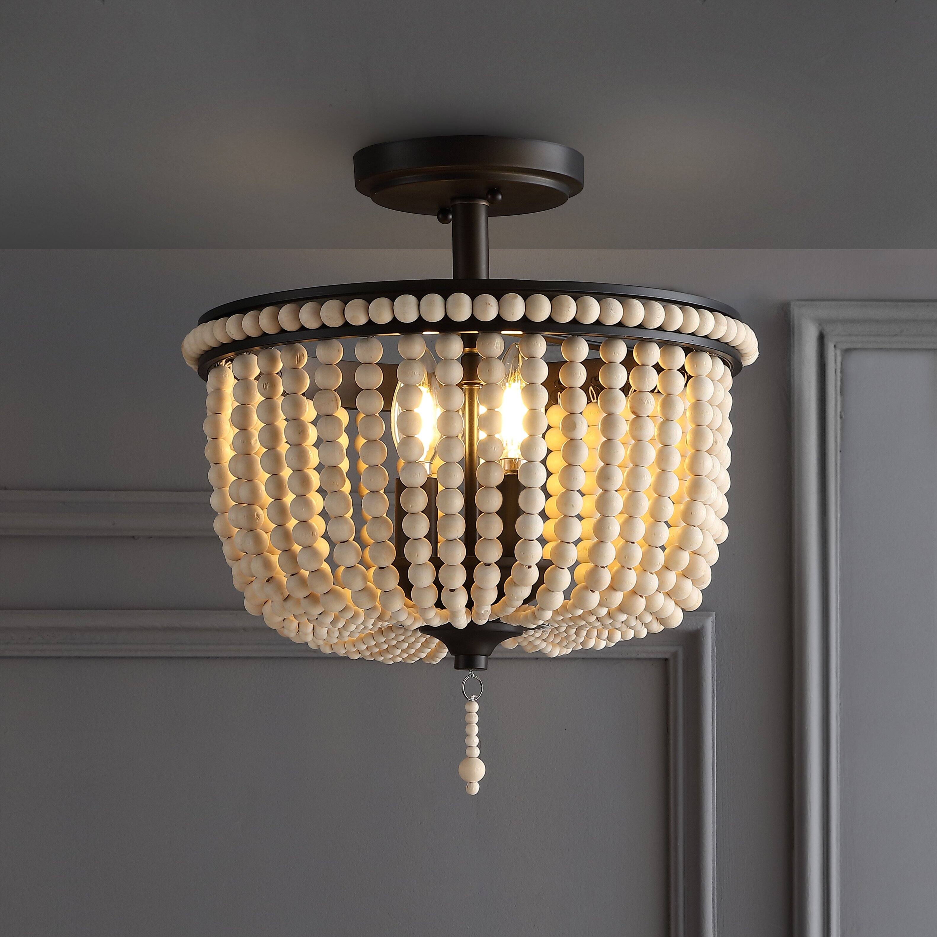 Alt View 1. Jonathan Y - Allie 14" Wood Beaded/Metal LED Semi Flush Mount, Black / Light Taupe - Black.