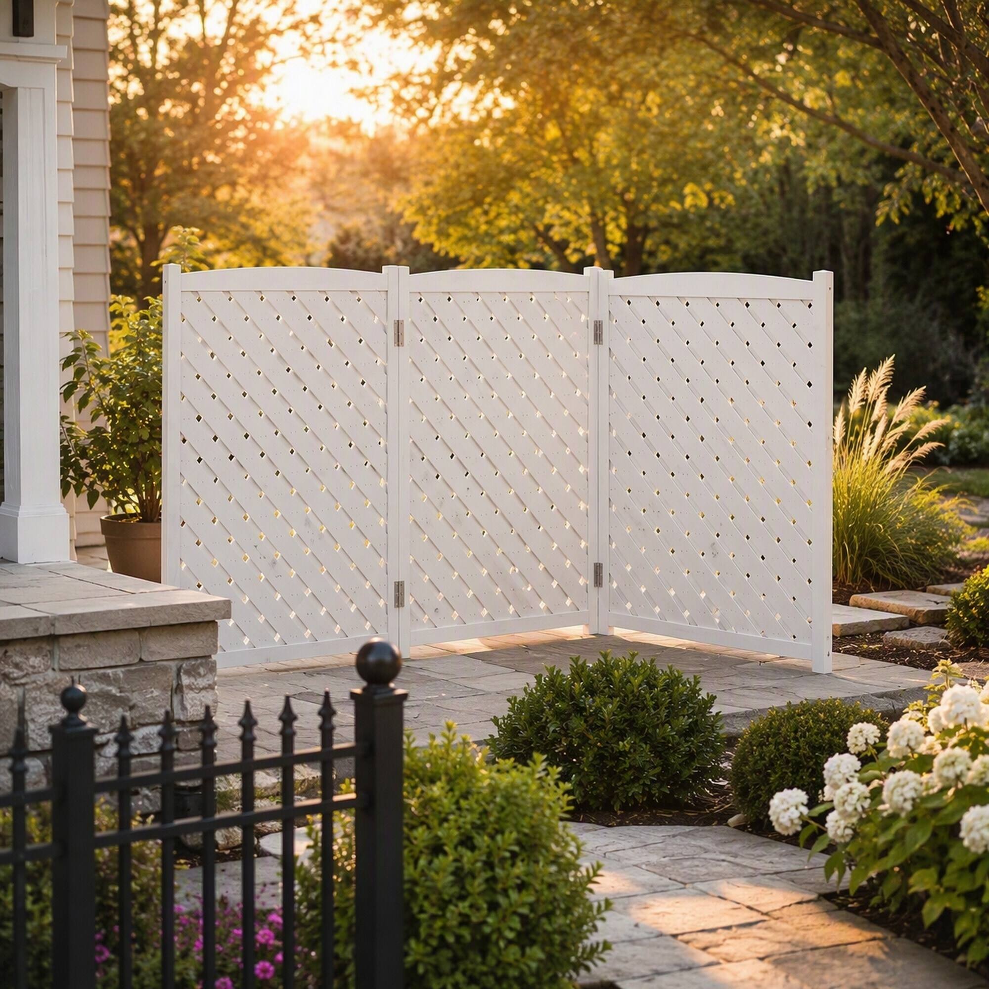 Back. RYHNUYNE - 3 Panel Outdoor Privacy Fence Screen for Air Conditioner, Solid Wood Patio Enclosure, 32x38 Inches Each Panel - White.