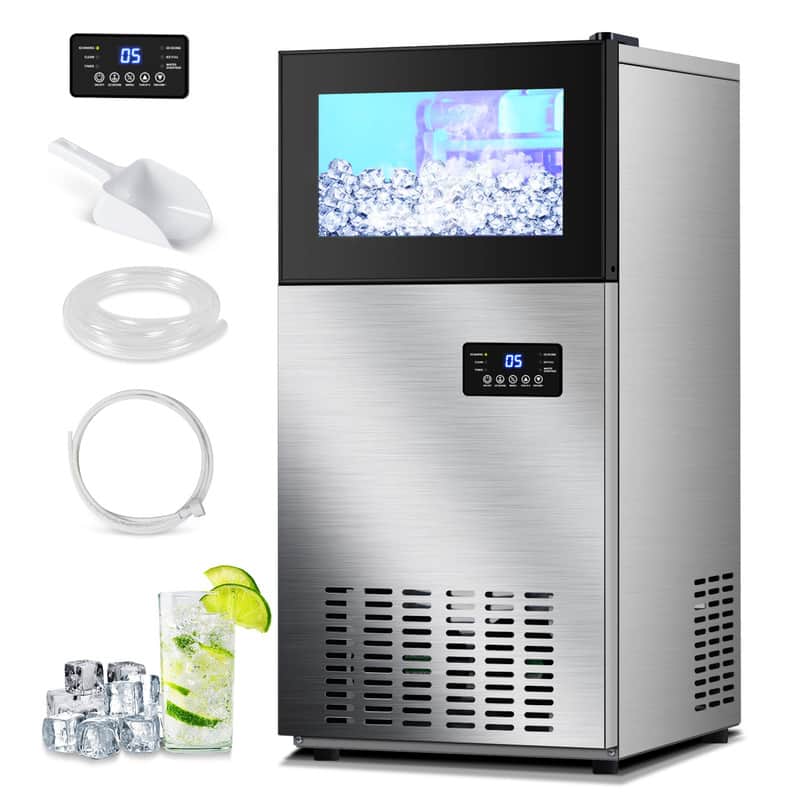 HOOURE - Commercial Built-in or Freestanding Ice Maker 160Lbs/24H with 35Lbs Ice Capacity, 63Pcs Ice Cubes - Stainless Steel