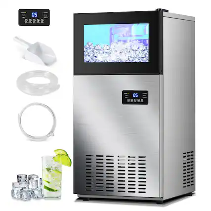 Front. HOOURE - Commercial Built-in or Freestanding Ice Maker 160Lbs/24H with 35Lbs Ice Capacity, 63Pcs Ice Cubes, Stainless Steel - Stainless steel.