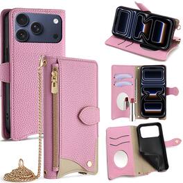 Dteck - Crossbody Wallet Case for Apple iPhone 17 Pro, Elegant Zipper PU Leather Folio Stand Cover, Built-in Mini Mirror - Pink