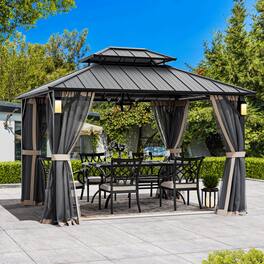 Modern Shade Outdoor Living Spaces - Modern Shade The Horizon Hardtop Gazebo 10' x 12' with 4 LED Lights, Galvanized Steel Double Roof - Black