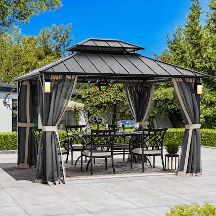 Front. Modern Shade Outdoor Living Spaces - Modern Shade The Horizon Hardtop Gazebo 10' x 12' with 4 LED Lights, Galvanized Steel Double Roof - Black.