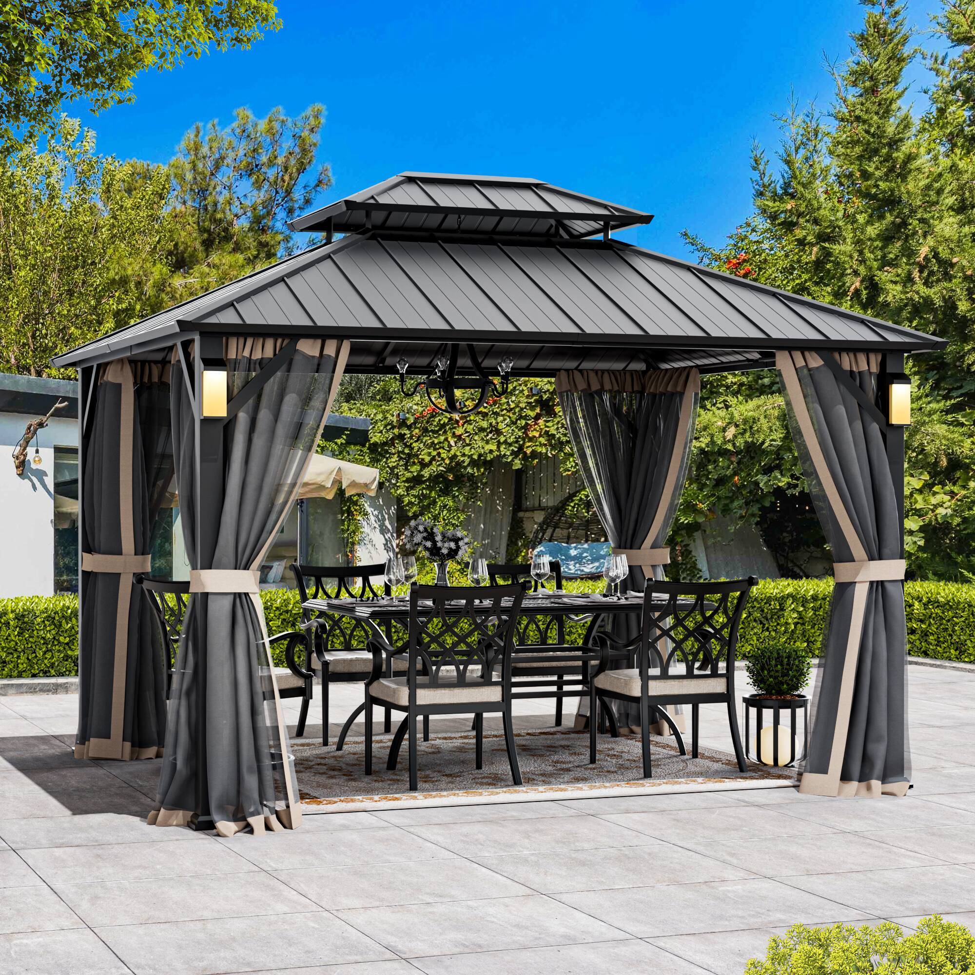 Front. Modern Shade Outdoor Living Spaces - Modern Shade The Horizon Hardtop Gazebo 10' x 12' with 4 LED Lights, Galvanized Steel Double Roof - Black.