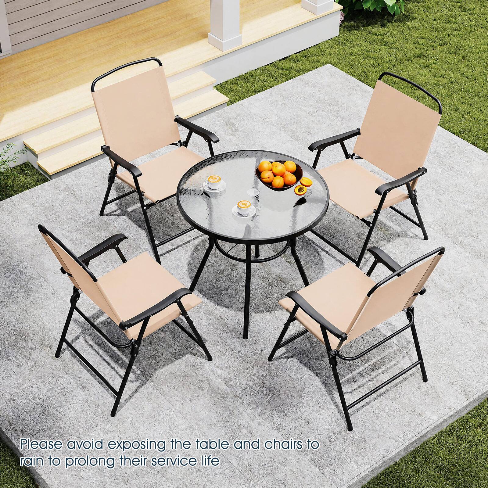 Please avoid exposing the table and chairs to rain to prolong their service life