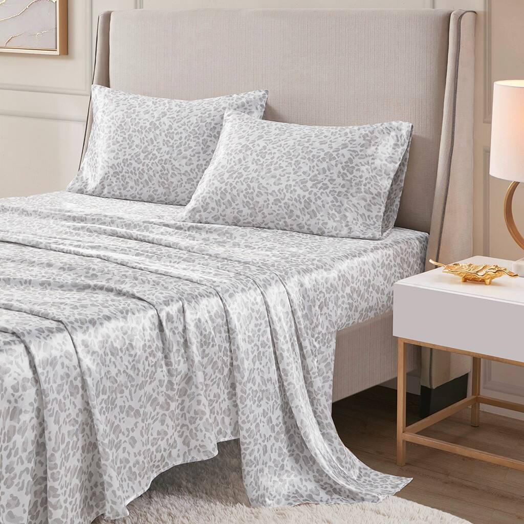 Alt View 1. Gracie Mills - Gracie Mills Emeline Animal Printed Wrinkle Free Satin Sheet Set - Gray Leopard.