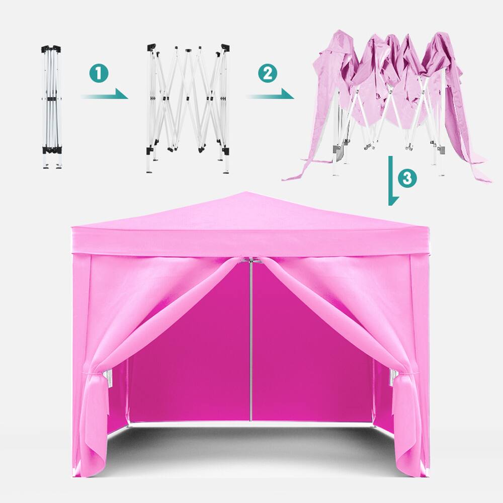 Angle. JUJABU - Pink 10'x10' Outdoor Event Portable Tent Shelter UPF 50+ with 4 Removable Sidewalls and Carry Bag - Pink.