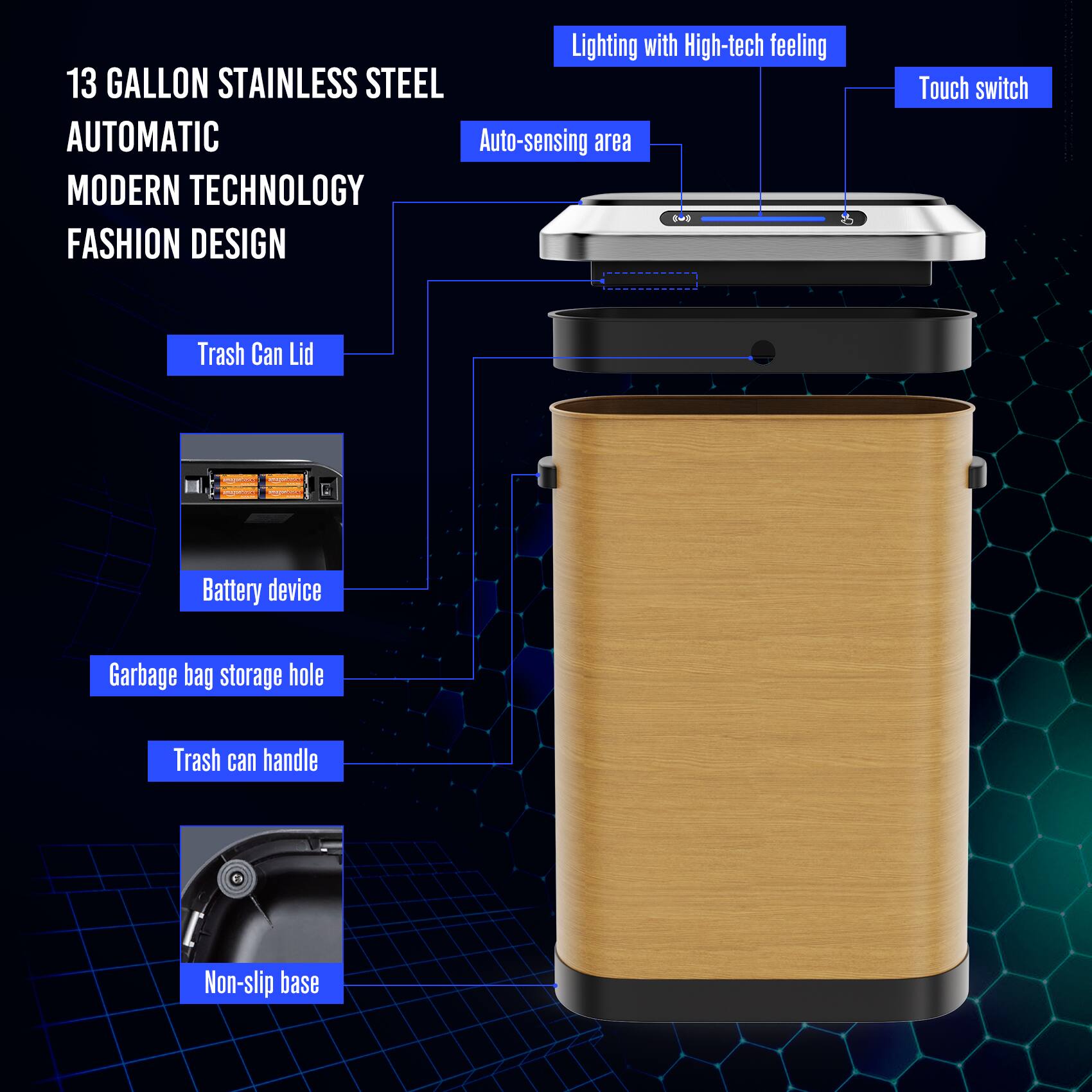 13 Gallon Stainless Steel Automatic Trash Can  
Modern Technology Fashion Design  

- Auto-sensing area  
- Touch switch  
- Lighting with High-tech feeling  
- Trash Can Lid  
- Battery device  
- Garbage bag storage hole  
- Trash can handle  
- Non-slip base