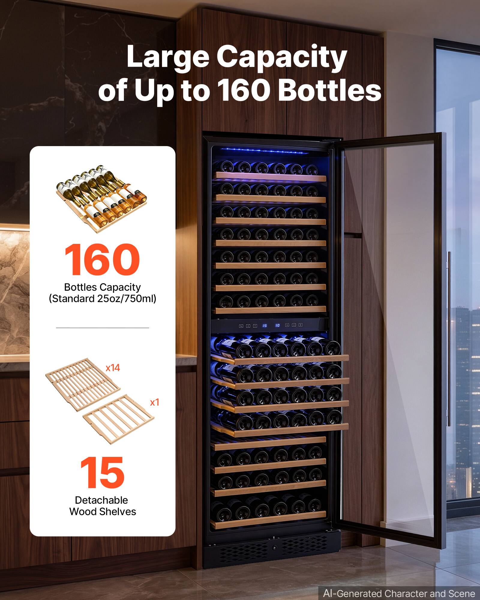 Large Capacity of Up to 160 Bottles

160 Bottles Capacity (Standard 25oz/750ml)

x14

x1

15 Detachable Wood Shelves

AI-Generated Character and Scene