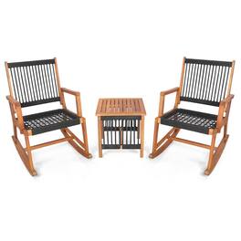 Costway - 3pcs Patio Acacia Wood Bistro Table Rocking Chair Set All-Weather Rope Outdoor - Black,Natural