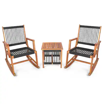 Front. Costway - Costway 3pcs Patio Acacia Wood Bistro Table Rocking Chair Set All-Weather Rope Outdoor - Black,Natural.