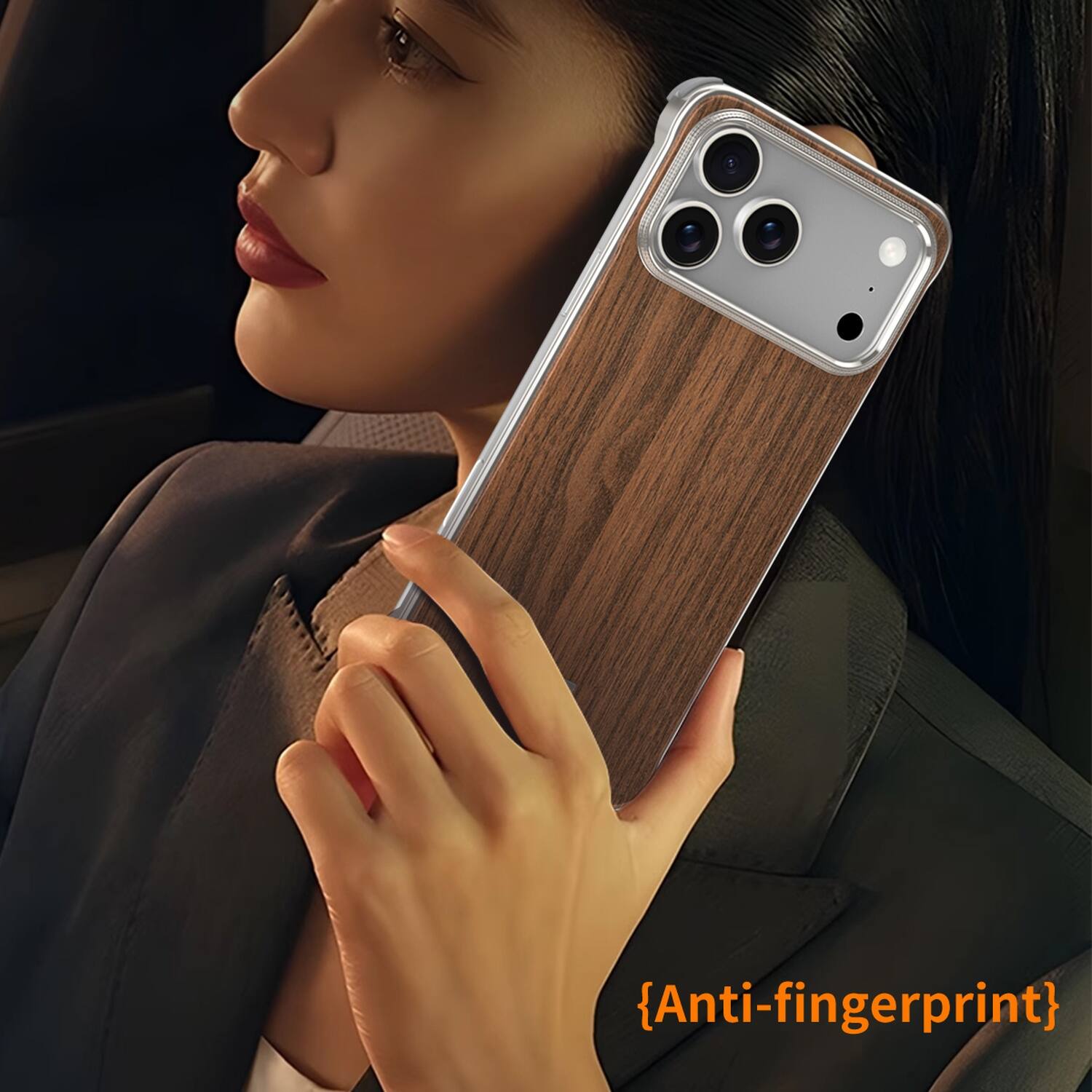 Back. Dteck - Frameless Magnetic Wood Grain Case for Apple iPhone 17 Pro Shockproof Aluminum Metal Corner Bumpers Protective Cover - A.
