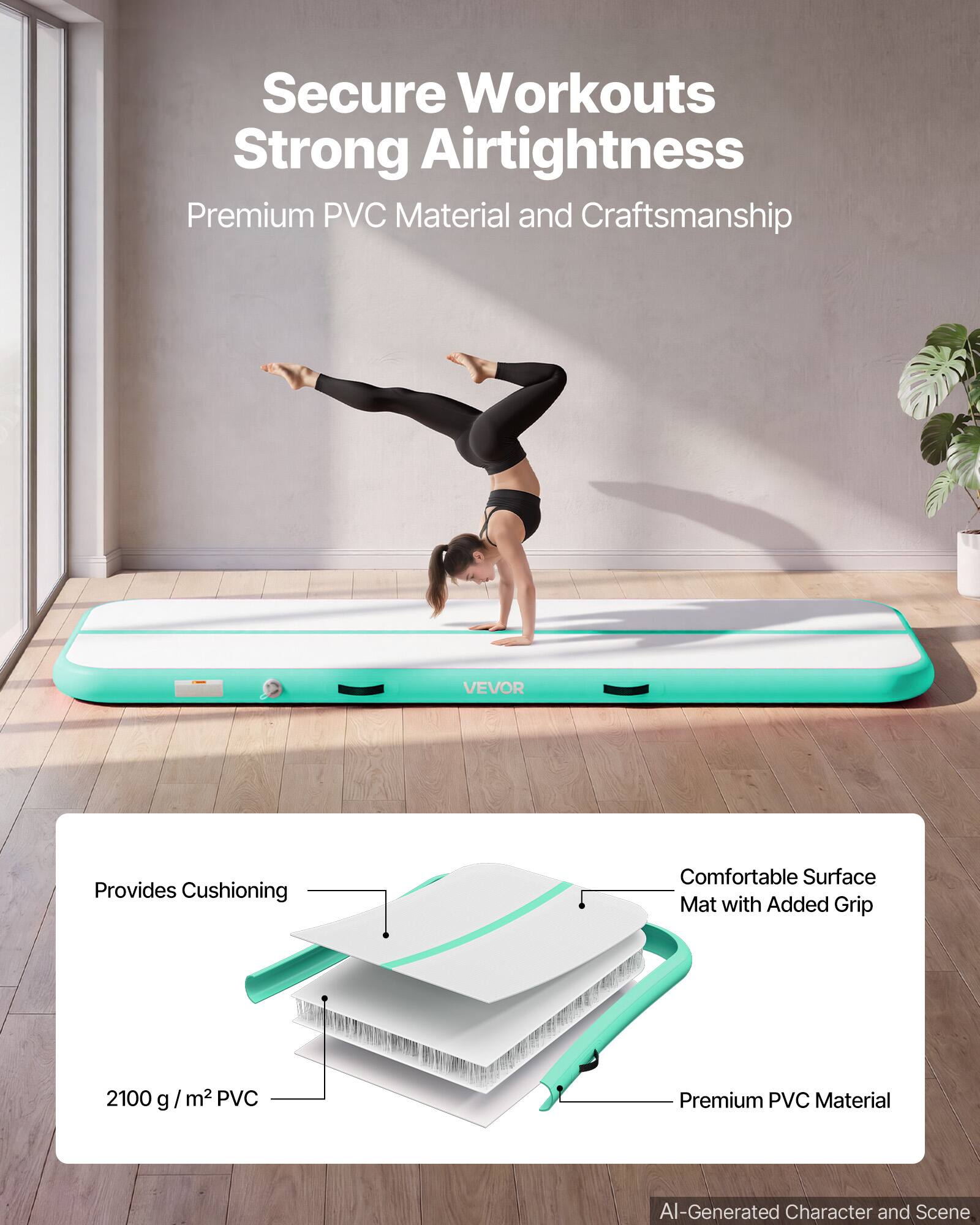 Secure Workouts Strong Airtightness  
Premium PVC Material and Craftsmanship  
VEVOR Provides Cushioning  
Comfortable Surface Mat with Added Grip  
2100 g / m² PVC  
Premium PVC Material  
AI-Generated Character and Scene
