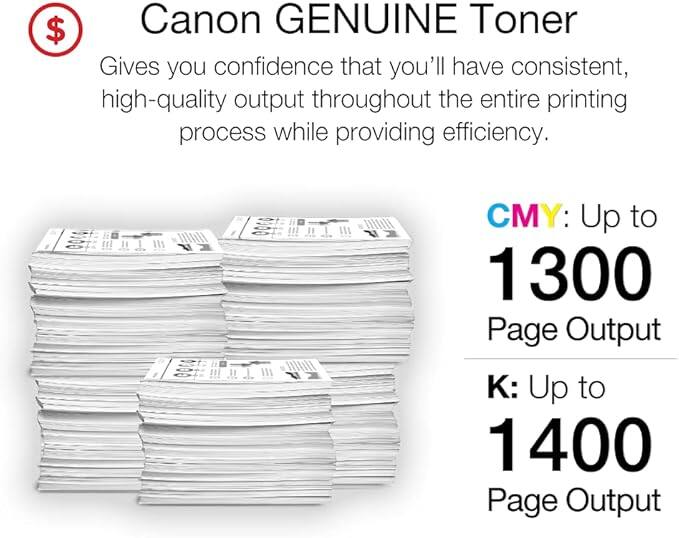 Canon GENUINE Toner

Gives you confidence that you'll have consistent, high-quality output throughout the entire printing process while providing efficiency.

CMY: Up to 1300 Page Output

K: Up to 1400 Page Output