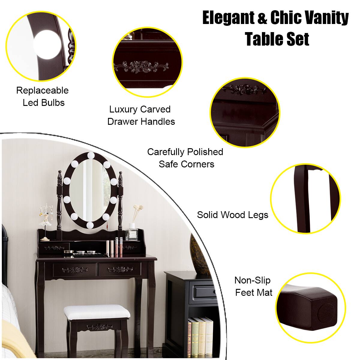 Elegant & Chic Vanity Table Set

- Replaceable Led Bulbs
- Luxury Carved Drawer Handles
- Carefully Polished Safe Corners
- Solid Wood Legs
- Non-Slip Feet Mat