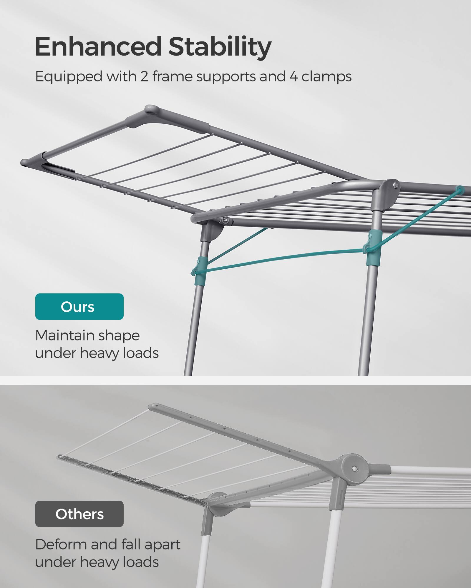 Enhanced Stability  
Equipped with 2 frame supports and 4 clamps  

Ours  
Maintain shape under heavy loads  

Others  
Deform and fall apart under heavy loads