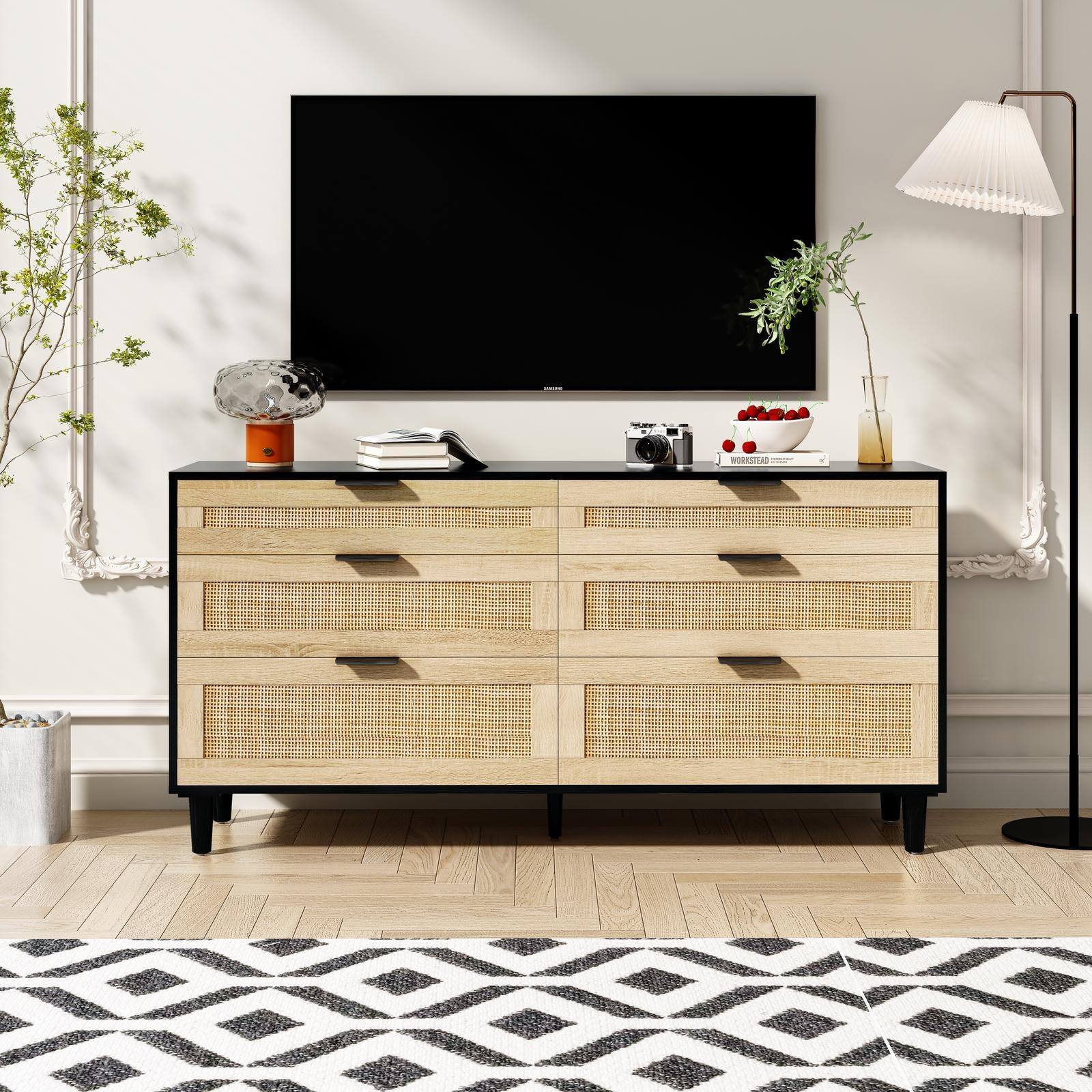 Angle. Spaco - Spaco 59" Rattan 6-Drawer Dresser, Metal Handle and Wood Legs, for Bedroom, Living Room, Hallway - Black.