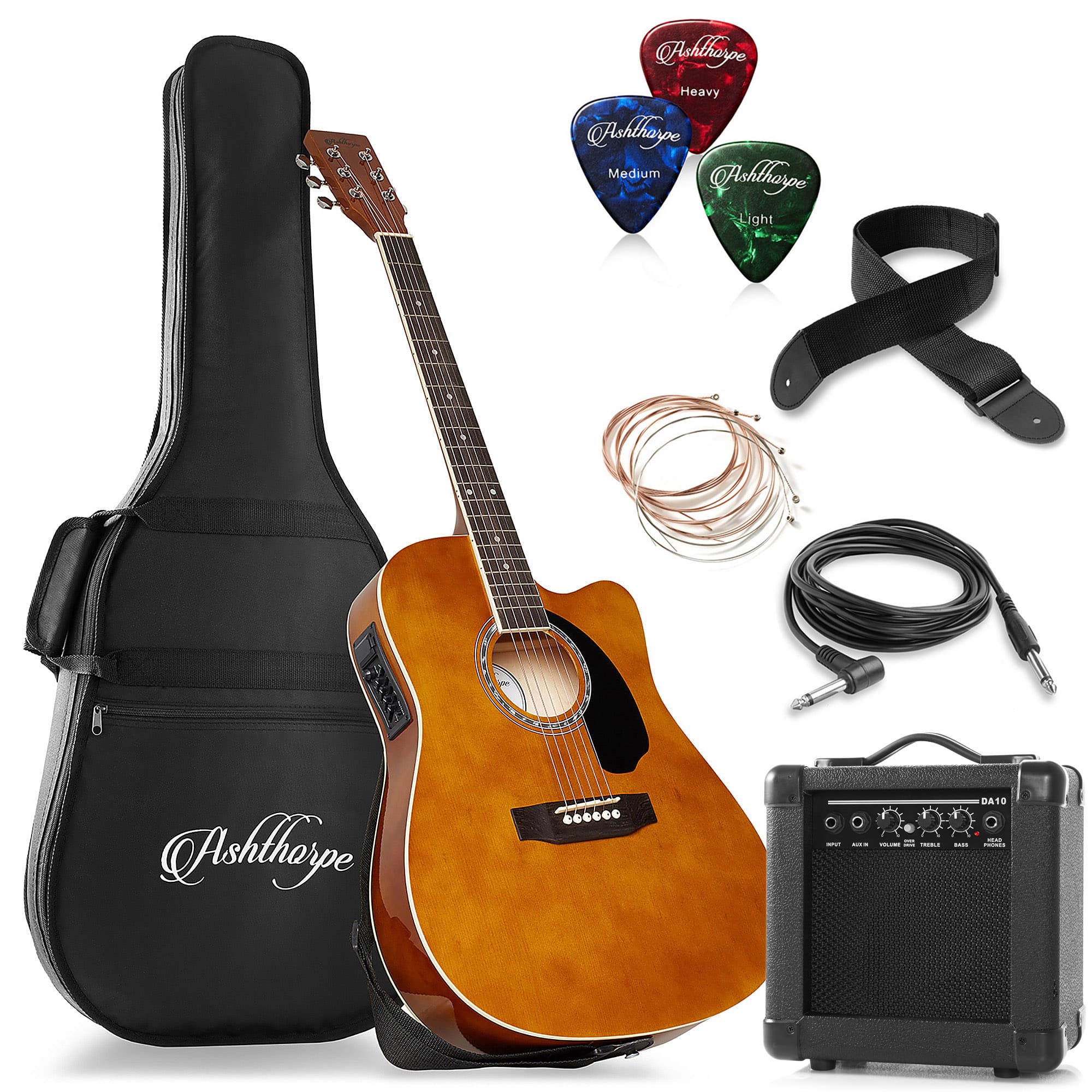 Ashthorpe - 41-in Thinline Cutaway Acoustic Electric Guitar with 10 Watt Amp - Brown