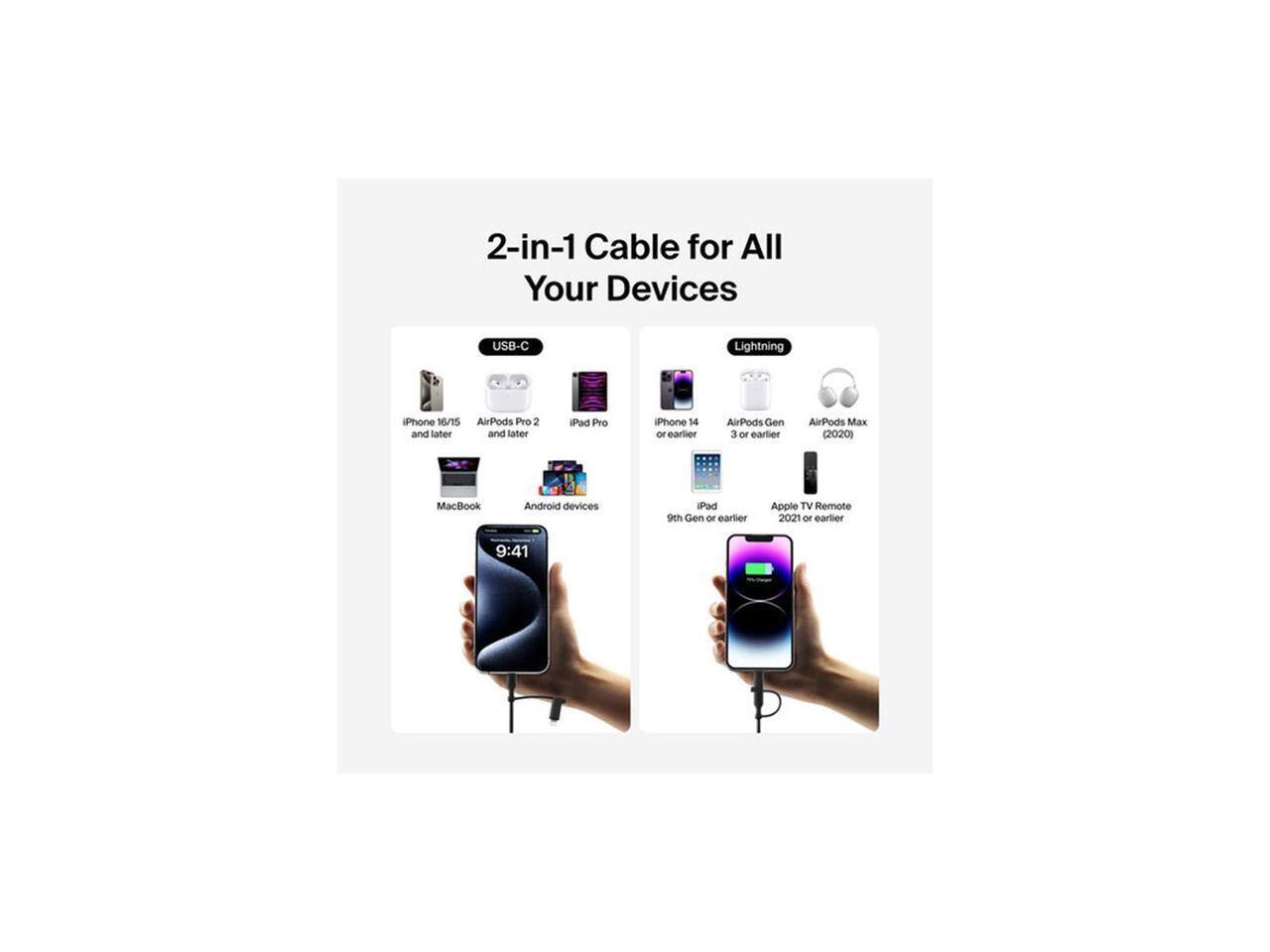 2-in-1 Cable for All Your Devices

USB-C
- iPhone 16/15 and later
- AirPods Pro 2 and later
- iPad Pro
- iPhone 14 or earlier
- AirPods Gen 3 or earlier
- AirPods Max (2020)
- MacBook
- Android devices
- iPad 9th Gen or earlier
- Apple TV Remote 2021 or earlier

Lightning

9:41