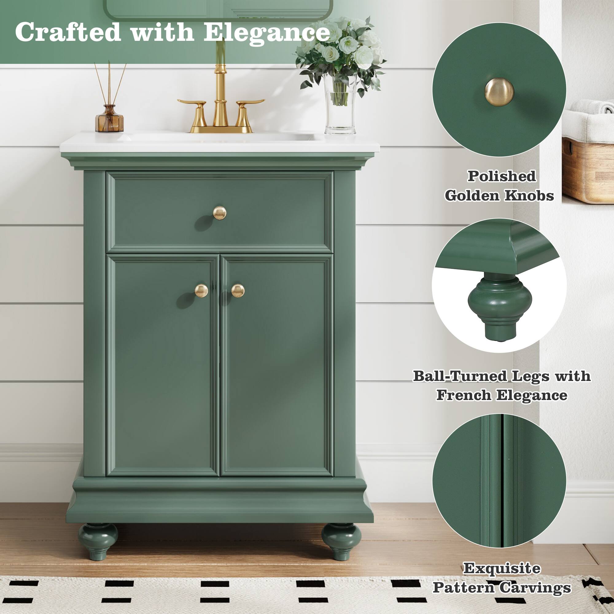 Crafted with Elegance  
Polished Golden Knobs  
Ball-Turned Legs with French Elegance  
Exquisite Pattern Carvings