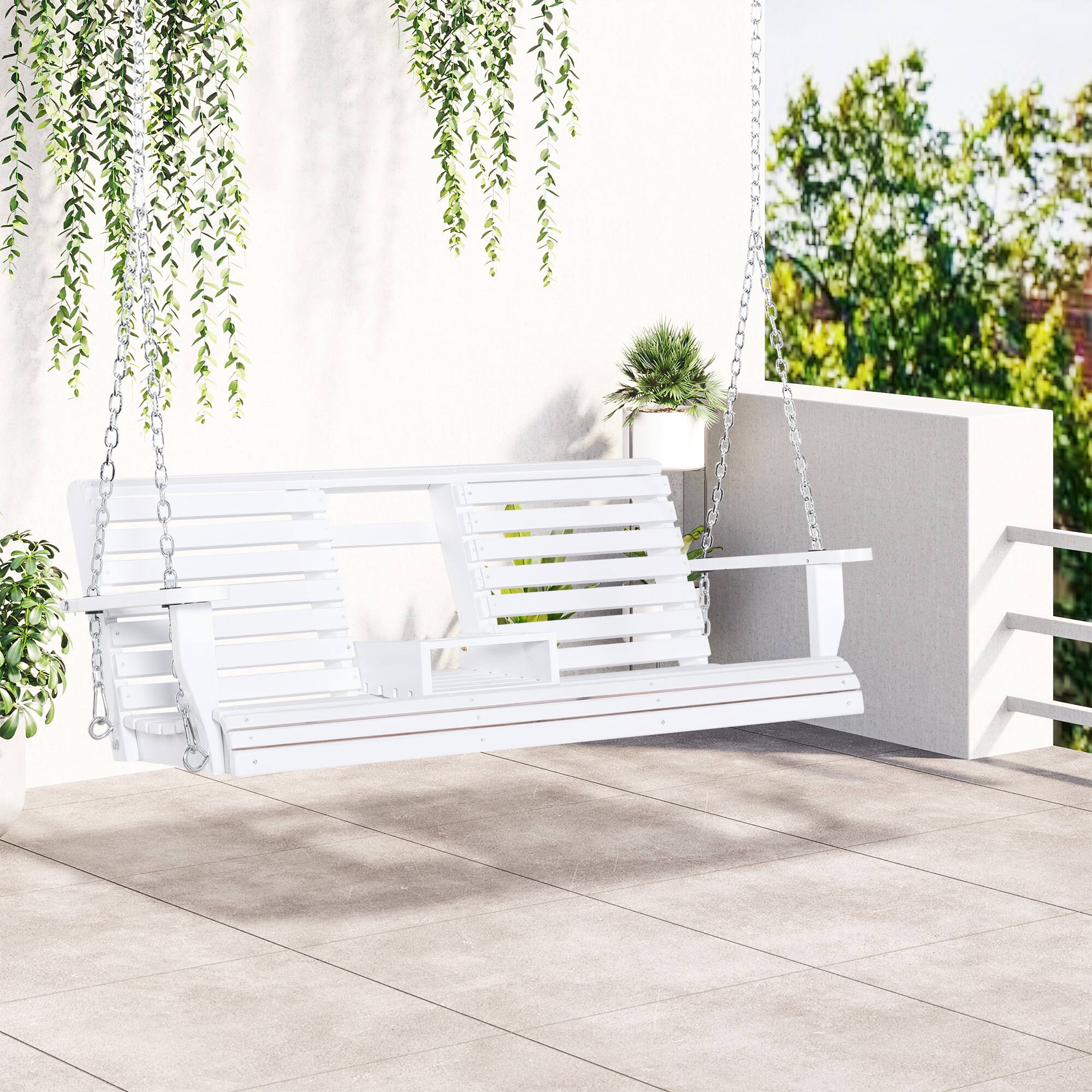 Alt View 1. Outsunny - 3-Seater Wooden Porch Swing, Patio Swing Bench with Folding Coffee Table, Cup Holders and Chains Included - White.