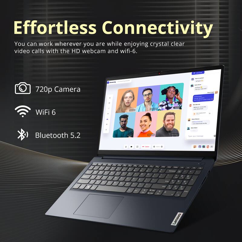 Effortless Connectivity  
You can work wherever you are while enjoying crystal clear video calls with the HD webcam and WiFi-6.  

- 720p Camera  
- WiFi 6  
- Bluetooth 5.2  

Lenovo