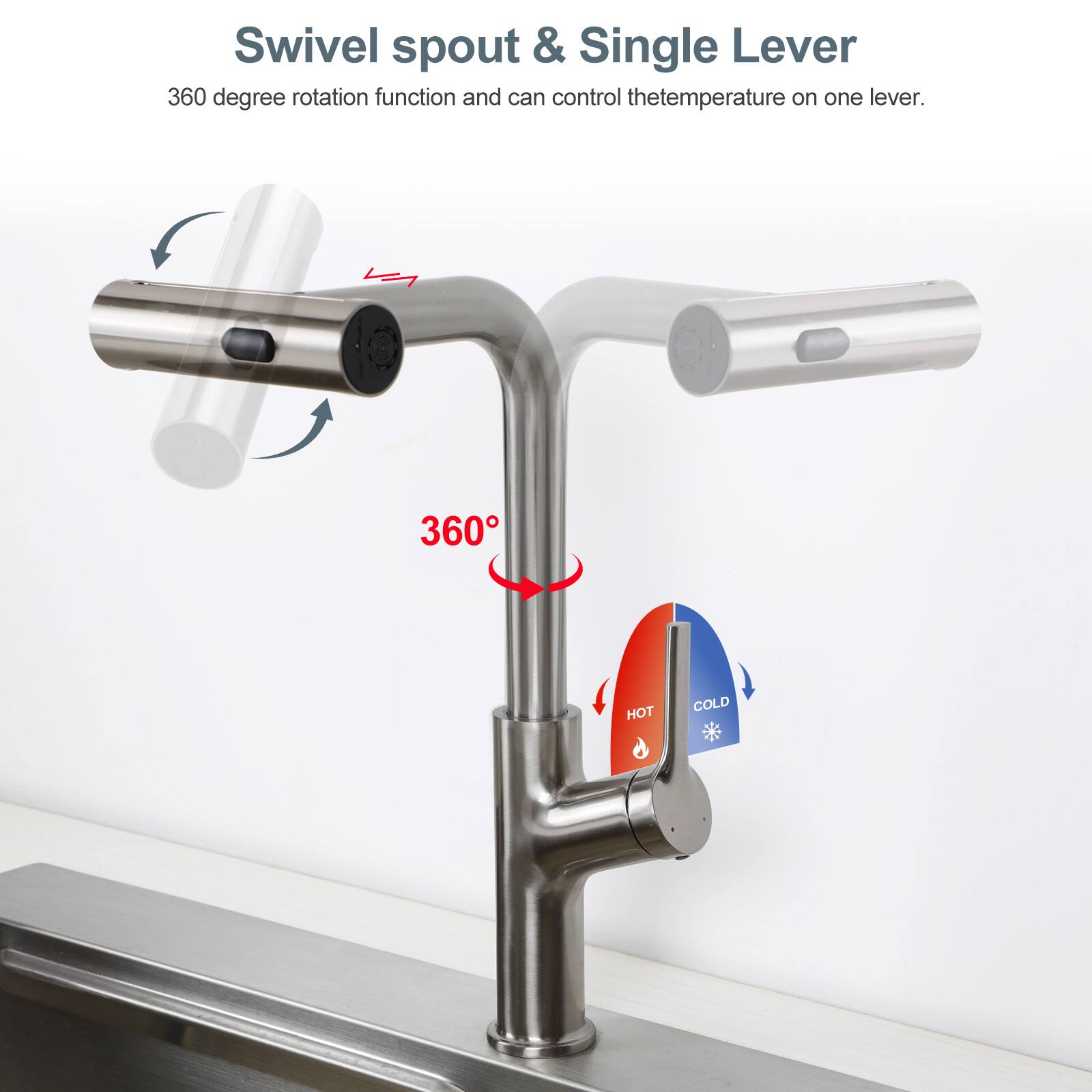 Swivel spout & Single Lever  
360 degree rotation function and can control the temperature on one lever.  
360°  
HOT  
COLD