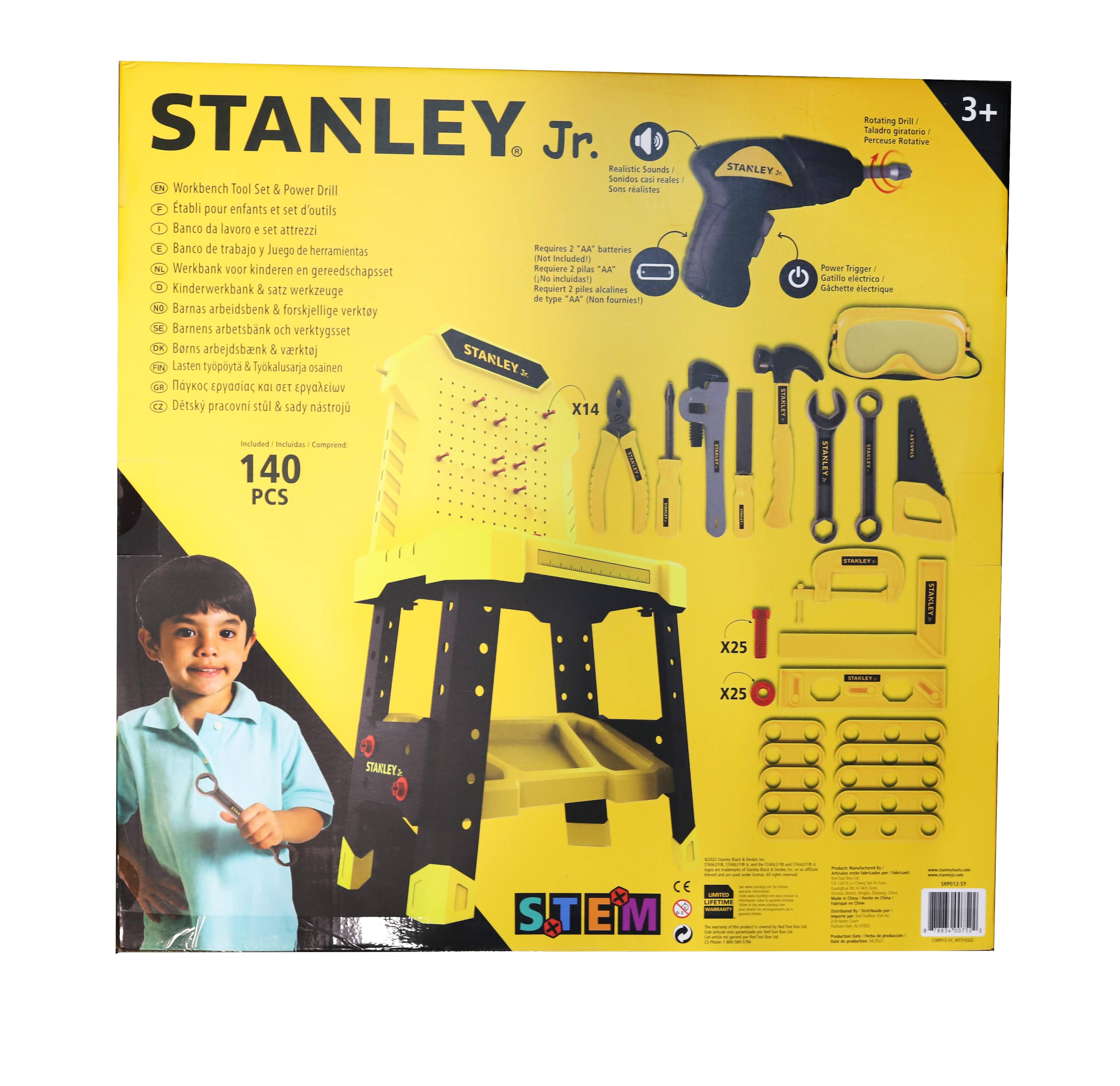 STANLEY Jr. Realistic Sounds Workbench Tool Set & Power Drill - Etabli pour enfants 19 set d'outils Banco da lavoro a set attrezzi E Banco de trabajo F Juego de herramientas Requiere - AA" batteries  nchudedf) Werkbank voor kinderen en gereedschapsset Requiere - polas AA .M  4 Kinderwerkbank 5 satz Reguiert 1 piles alcalines werkzeuge d Tpe AK rusm fourmesh Bamas arbeidsbenk & forskjellige verktay Barnens arbetsbank och verktygsset Barns arbejdsbuenk & waerktej Lasten tyopoyta & Tyokalusarja osainen STAKLEY  Epyadiac K2I det epyakciwv Detsky pracovni stul 5 sady mastroja X14 ictultus na Comprend 140 I PCS STAKLEY  Rutating CHE Tatadre piratone Perceuse Rotative Por fgger - Gatille cecitrine - Garhette eiectrique STARLETA 3+ X25 . ST