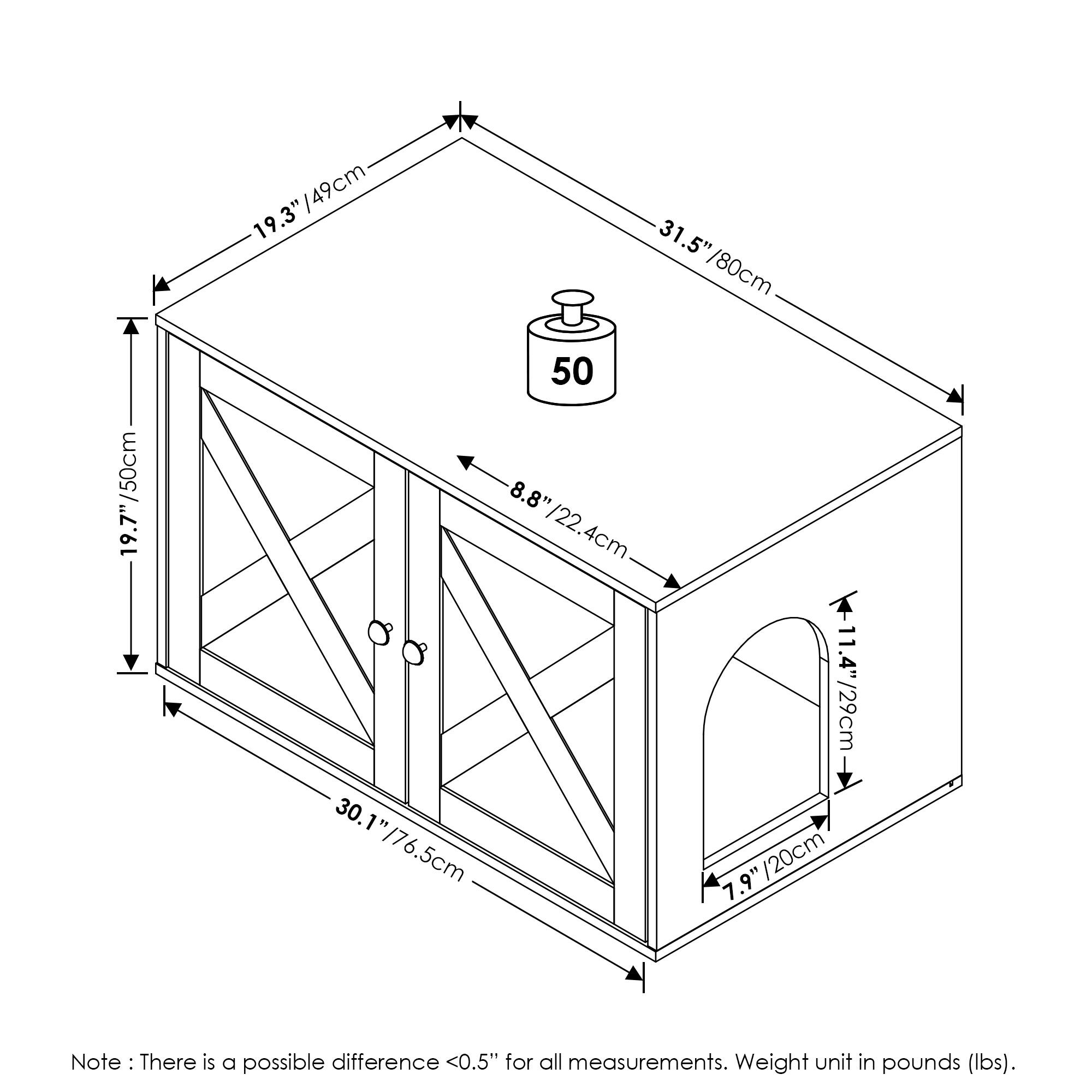 19.3" / 49cm  
31.5" / 80cm  
19.7" / 50cm  
8.8" / 22.4cm  
30.1" / 76.5cm  
11.4" / 29cm  
7.9" / 20cm  

Note: There is a possible difference <0.5" for all measurements. Weight unit in pounds (lbs).