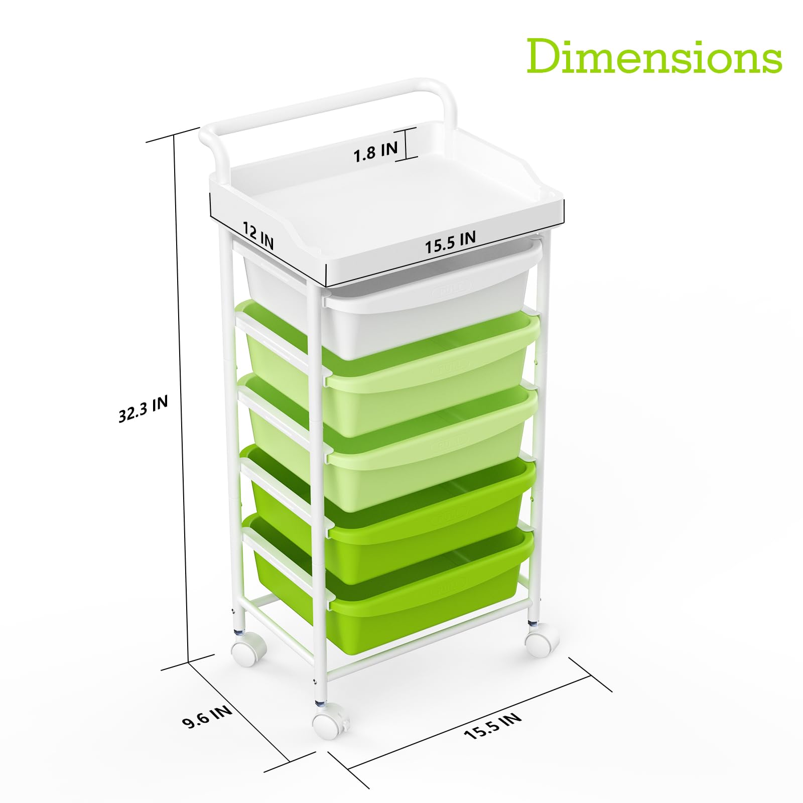 Dimensions:  
- Width: 15.5 IN  
- Depth: 12 IN  
- Height: 32.3 IN  
- Shelf Height: 9.6 IN  
- Top Overhang: 1.8 IN