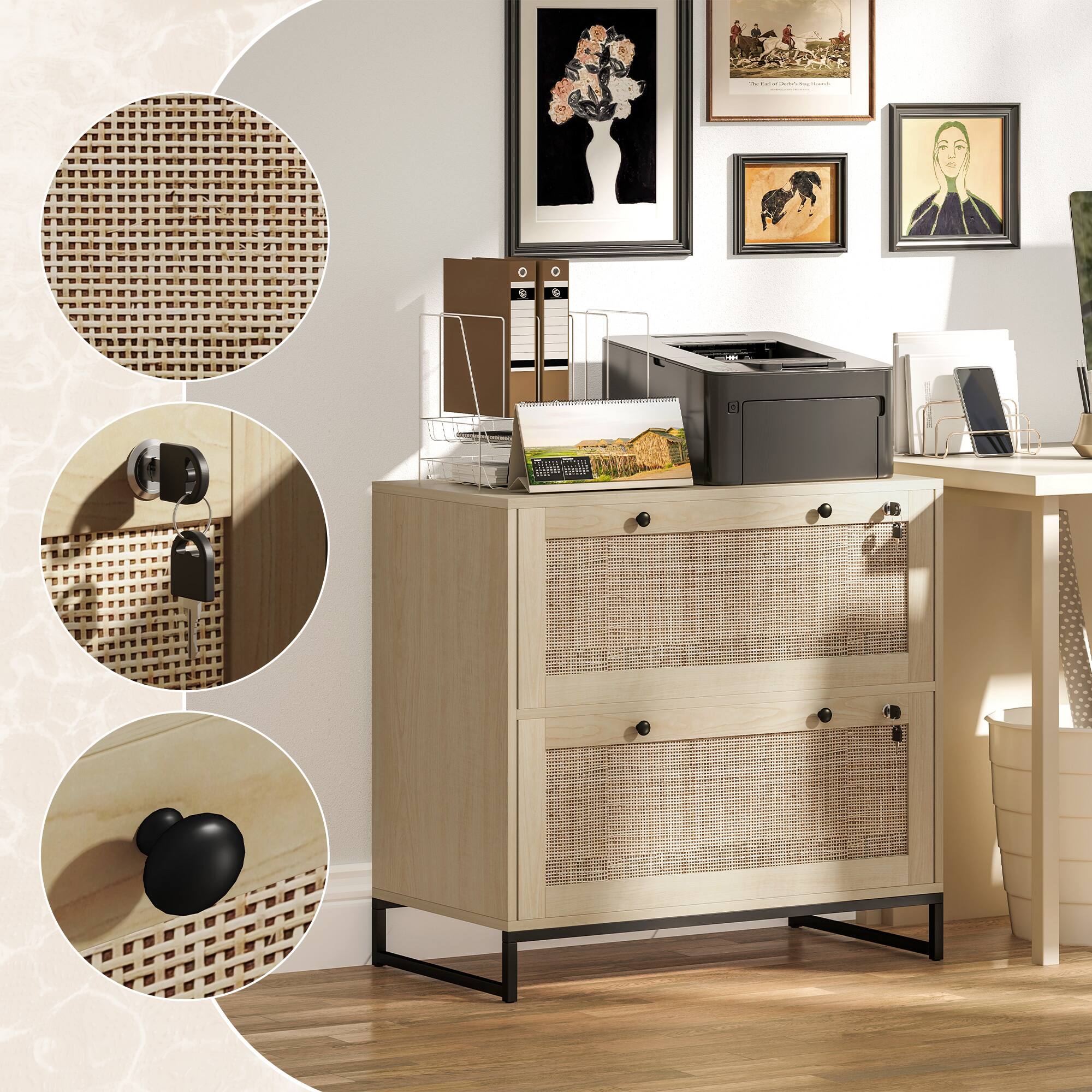 Alt View 7. Vinsetto - 2 Rattan Drawer File Cabinet with Lock, Lateral Filing Cabinet with Adjustable Hanging Bar for Letter.