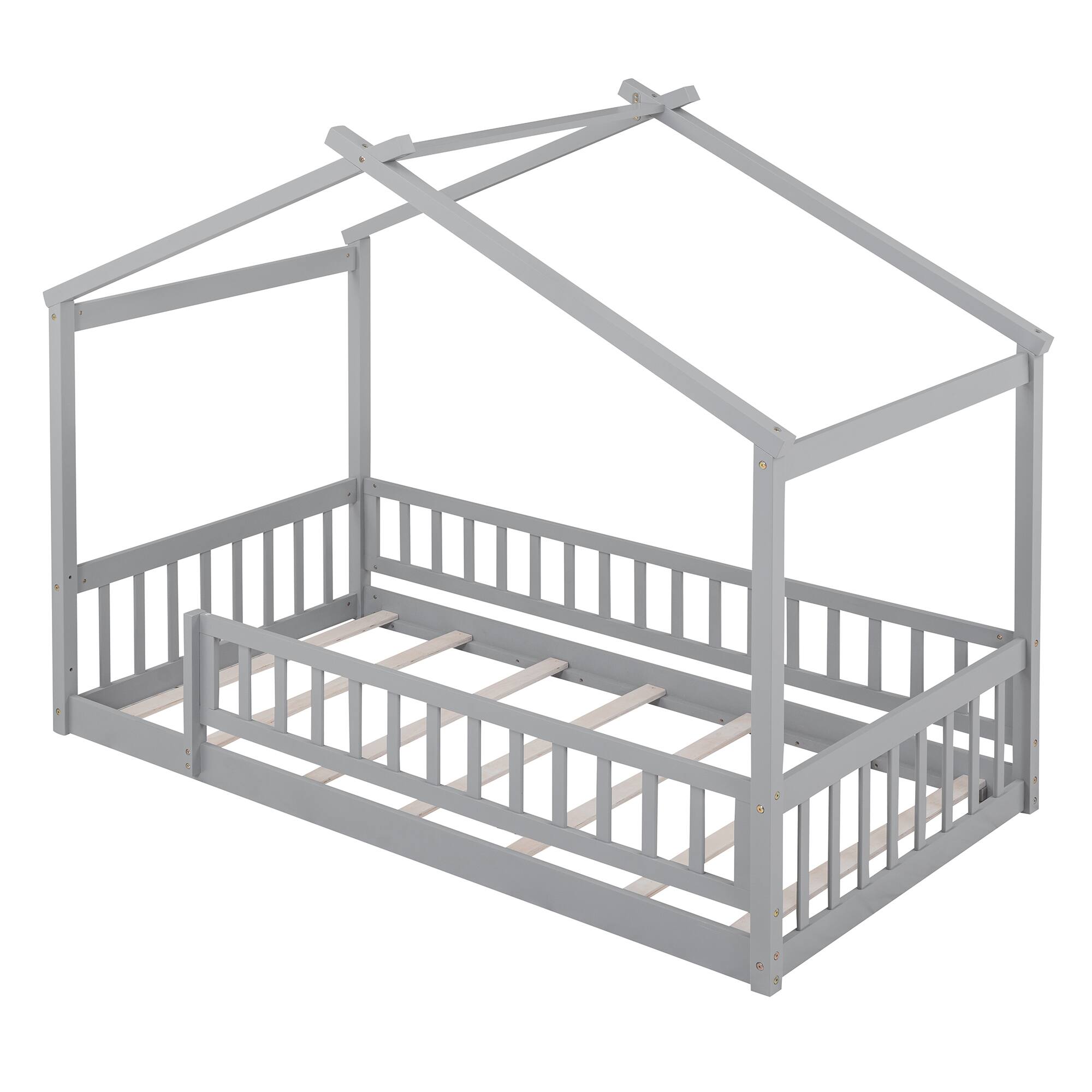 Alt View 4. Whisen - Twin Size Wood House Bed Frame with Fence for Kids and Teens - Gray.