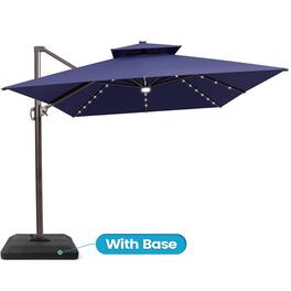 Crestlive Products - 10x13ft Aluminum Double Top Crank Cantilever Patio Umbrella with Lights with Base - Navy blue