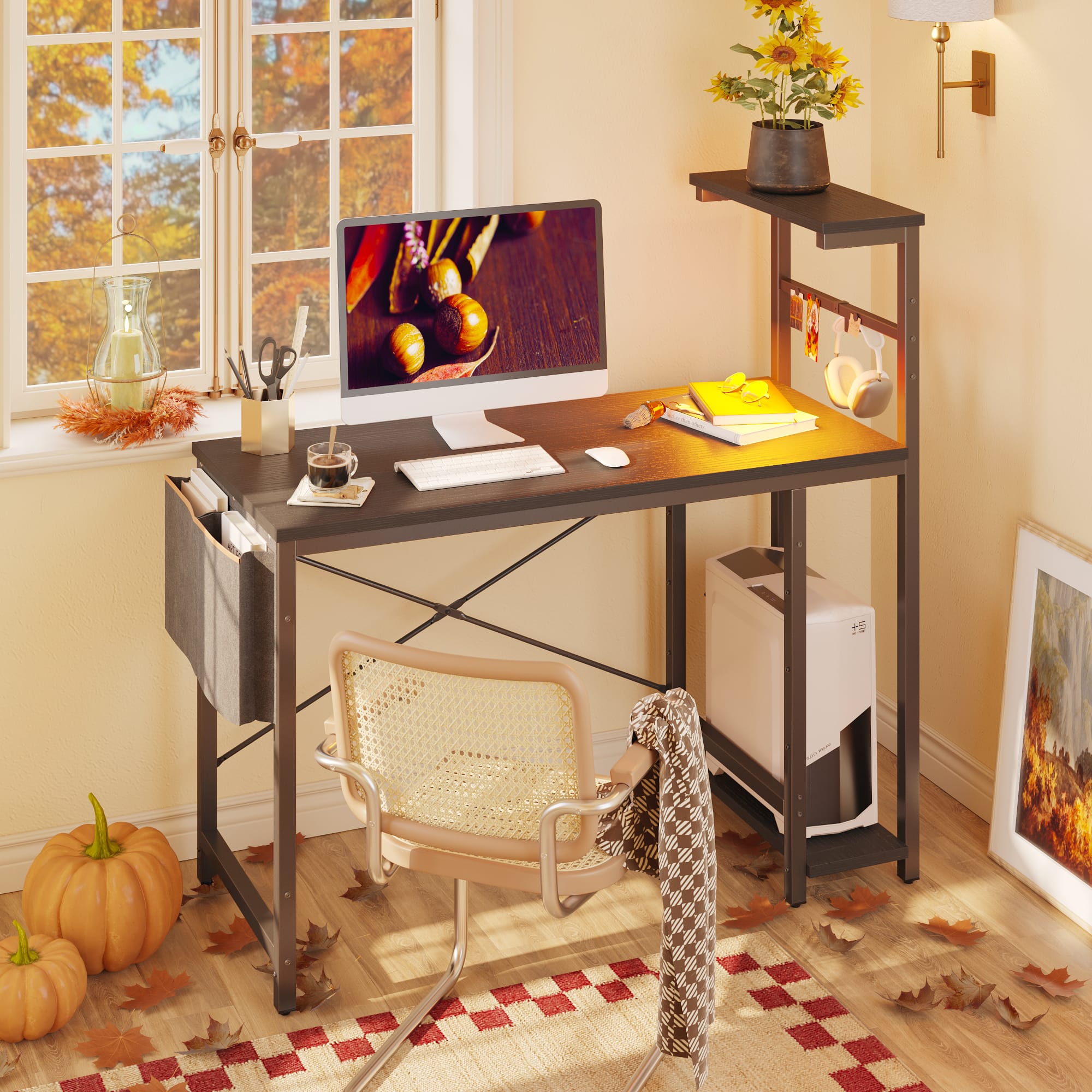 Alt View 2. Bestier - 44 inch Gaming Desk with LED Lights, Reversible Storage Shelves & Side Storage Bag for Small Space - Black Grained.