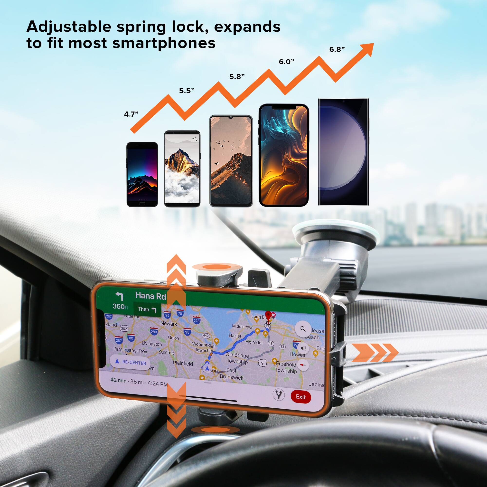 Adjustable spring lock, expands to fit most smartphones 4.7" 5.5" 5.8" 6.0" 6.8" Hana Rd 350 Then F M Pa PR ong + 21g kland Newark Middletown A / 90 Union SA Hariet - 2 Holmdel Livingston Woodbridge Parsippany-Troy Summit Toansho Od tridge RE-CENTER Plainfield Township n East 42 Brunswick min 35 TN 424 PM leasa each Bric Howerr reehold Township Jacks Exit